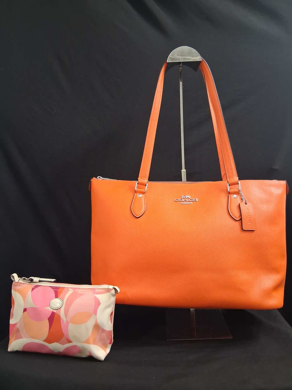 Coach Orange Saffiano Leather Tote Bag W/ Free Coach Signature Pouch